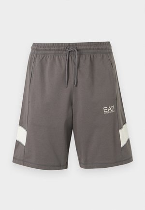Harmaat joustavat vyötäröshortsit kiristysnyörillä, sivutaskuilla, valkoisilla raidoilla jaloissa ja valkoinen EA7 Emporio Armani -logo vasemmassa reisissä.