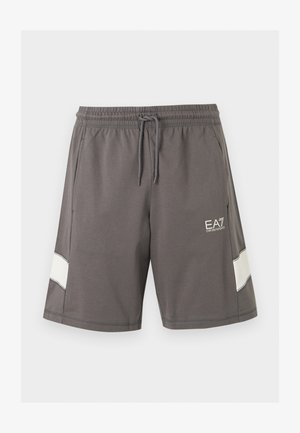 Harmaat joustavat vyötäröshortsit kiristysnyörillä, sivutaskuilla, valkoisilla raidoilla jaloissa ja valkoinen EA7 Emporio Armani -logo vasemmassa reisissä.