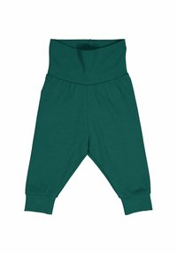 Zelené kalhoty z bavlněné směsi s širokým elastickým pasem, zúženými nohavicemi a žebrovanými náplety. Design se vyznačuje volným střihem a hladkou texturou.