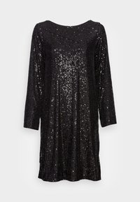 Svart paljettklänning med långa ärmar, båtformad halsringning och lös passform. Den glittrande ytan med paljetter över hela klänningen skapar ett texturerat utseende.