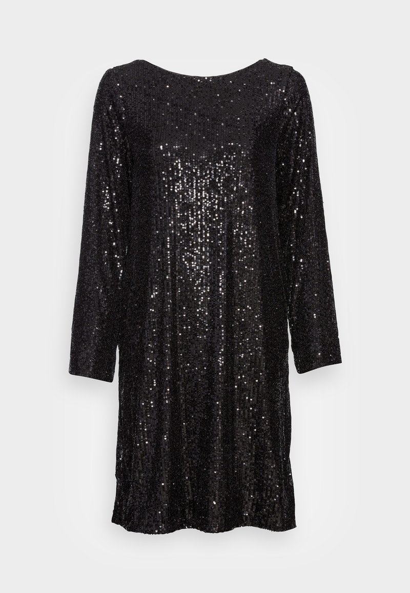 Svart paljettklänning med långa ärmar, båtformad halsringning och lös passform. Den glittrande ytan med paljetter över hela klänningen skapar ett texturerat utseende.