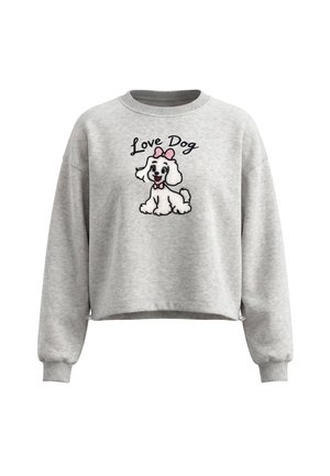 Lysegrå sweatshirt med lange ærmer, med en tegneserie hvid hund med lyserød sløjfe og teksten "Love Dog" over den.