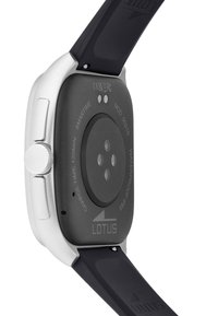 Smartwatch back with black silicone strap, silver case, charge sensor, side crown, and model details including waterproof and 120-minute charge time.