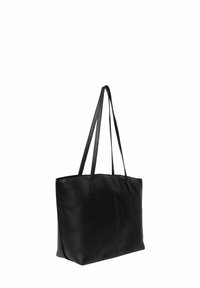 Sac fourre-tout en cuir noir avec deux longues poignées, texture douce, forme rectangulaire et coutures discrètes à l'avant.