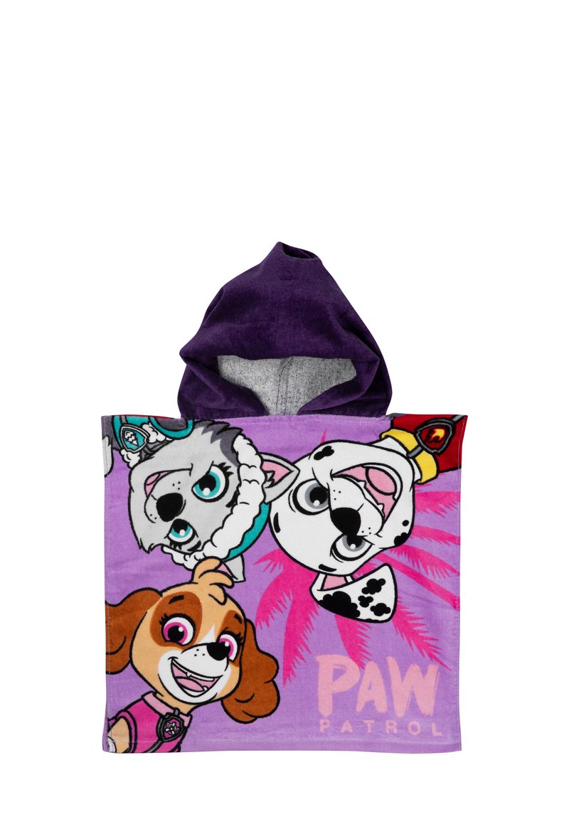 Poncho asciugamano con cappuccio della Paw Patrol in morbido tessuto viola. Presenta cani cartoni animati, tra cui Skye e Chase, con colori vivaci e un design con foglie di palma.