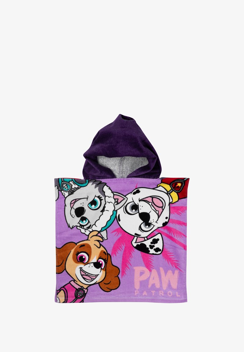 Poncho asciugamano con cappuccio della Paw Patrol in morbido tessuto viola. Presenta cani cartoni animati, tra cui Skye e Chase, con colori vivaci e un design con foglie di palma.