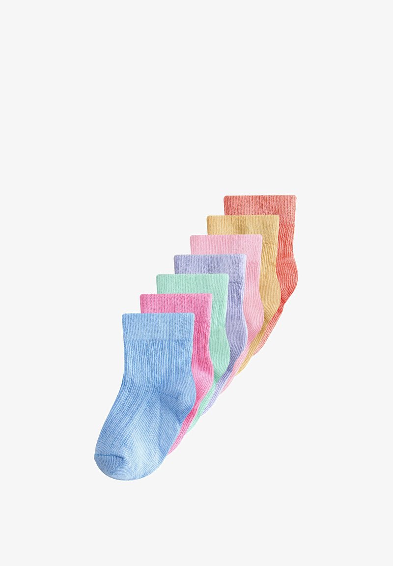 Sept paires de chaussettes en coton côtelé aux couleurs pastel, disposées en éventail : bleu, rose, vert, lavande, rose clair, jaune et corail.