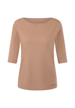 Light brown three-quarter sleeve tee made of smooth fabric, featuring a round neckline and a subtle embroidered detail at the hem.