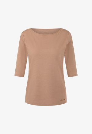Light brown three-quarter sleeve tee made of smooth fabric, featuring a round neckline and a subtle embroidered detail at the hem.