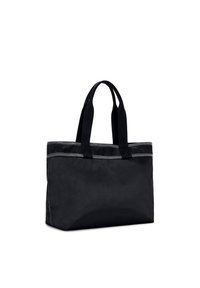 Borsa a tracolla nera con forma rettangolare, realizzata in tessuto resistente. Presenta due manici robusti e cuciture a contrasto lungo la parte superiore.