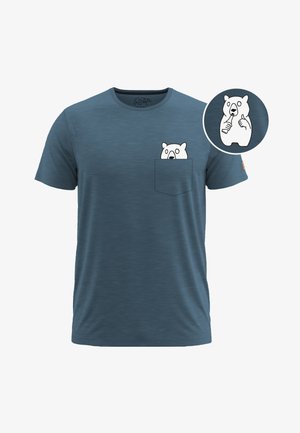 Men's blue short-sleeve T-shirt in soft fabric, featuring a white bear graphic in the chest pocket. Round neckline with a relaxed fit.