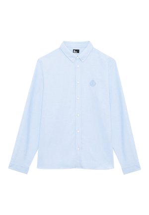 Light blue long-sleeve button-up shirt with a button-down collar and subtle embroidered logo on the left chest.