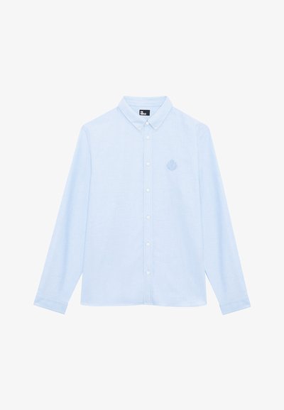 Lichtblauwe lange mouw overhemd met knoopsluiting, een button-down kraag en een subtiel geborduurd logo op de linkerkant van de borst.