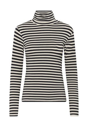 Striped turtleneck in black and cream, featuring long sleeves and a fitted design. Material appears soft with a smooth texture.