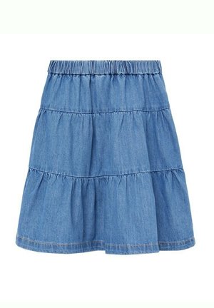 Blauer stufiger Jeansrock mit elastischem Bund und gerafften Stoffdetails, knielang, legerer Stil.
