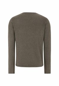 Langärmliges Hemd in dunklem Olivgrün, aus weich gestricktem Stoff, mit Rundhalsausschnitt und einem einfachen, schlichten Design ohne Verzierung.