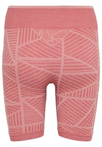 Pink athletic shorts featuring a textured design with geometric patterns and stripes. The waistband is a solid, slightly darker pink.