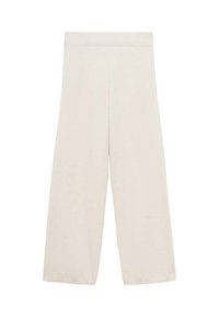 Pantaloni a gamba larga in un tessuto beige chiaro, con un alto elastico in vita e una superficie liscia senza adornamenti o motivi.