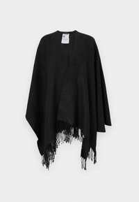 Zwarte geweven poncho met subtiel patroon, V-hals en franjes aan de onderrand, hangend tegen een witte achtergrond.