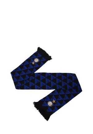 Zwart-blauwe geruite sjaal met herhalende "Inter" tekst, franjes aan de randen en ronde logopatches met een gouden ster aan elk uiteinde.