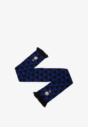 Zwart-blauwe geruite sjaal met herhalende "Inter" tekst, franjes aan de randen en ronde logopatches met een gouden ster aan elk uiteinde.