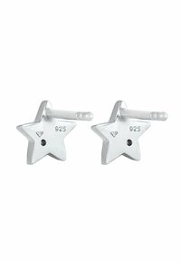 Pendientes de estrella de plata de ley, con superficie pulida, sello 925 y un pequeño detalle negro. Diseño sencillo con cierre de palanca.