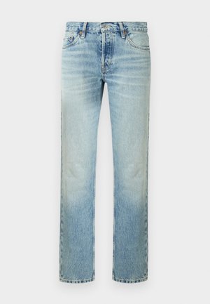 Lyseblå denimjeans med lige ben, traditionelt fem-lomme-design og knaplukning i taljen.