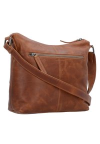 Borsa a spalla in pelle marrone con una forma curvilinea, tasca con zip singola sulla parte anteriore e tracolla regolabile. Texture morbida con marcature sottili.