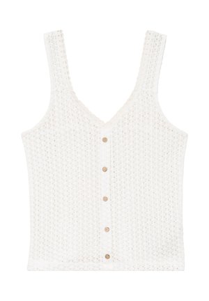 Débardeur en crochet blanc avec larges bretelles et une rangée de cinq petits boutons ronds en bois au centre devant.
