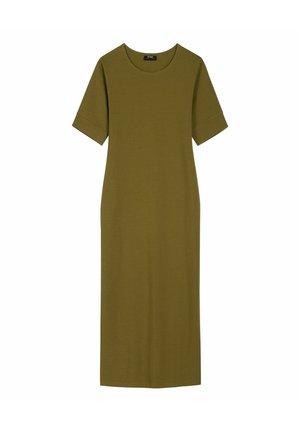 Oliwkowa sukienka midi z krótkimi rękawami i okrągłym dekoltem, o prostym kroju, gładka, bez wzorów i zdobień.