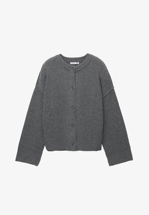 Temno sivi gumbasti pulover z dolgimi rokavi, rebrastimi manšetami, spodnjim robom in izrezom, položen na ravno površino na belem ozadju.