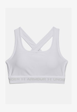 Valkoinen urheiluliivi, joka on valmistettu sileästä ja joustavasta kankaasta. Siinä on ristikkäiset olkaimet ja kiinteä valkoinen vyötärökaista, jossa on vaaleanharmaa logoteksti.