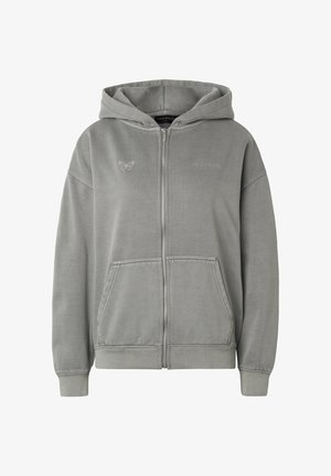 Grijze hoodie met rits, voorzakken, een klein vlinderlogo op de linkerborst en de tekst "PECADOR" op de rechterborst.
