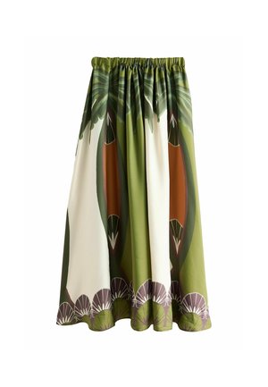 Langer Rock mit gerafftem Bund mit grünem, braunem und cremefarbenem tropischem Blatt- und Muschel-Muster auf leichtem Stoff.
