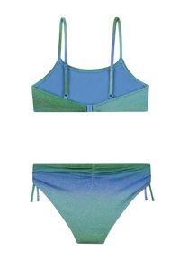 Bikini set z dvoch kusov s gradientnými farbami od zelenej po modrú. Materiál je hladký s jemným leskom. Nastaviteľné ramienka a bočné viazanie.