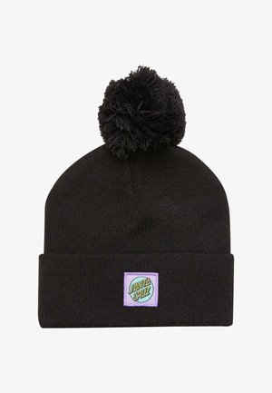 Must must beanie mustas must pom-pomiga must. Omab must volditud varrukas ja ruutkleepp must sinise ja lilla aktsendiga, millel on kiri "Santa Cruz."