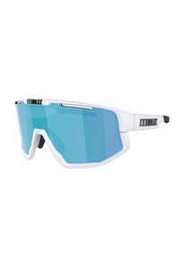 Occhiali sportivi BLIZ con una montatura bianca, grandi lenti blu, forma angolare e finitura opaca. Include il logo nero sulla montatura.