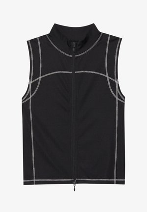 Black sleeveless vest made of a smooth fabric, featuring silver stitching detailing and a front zipper closure, designed with a high collar.