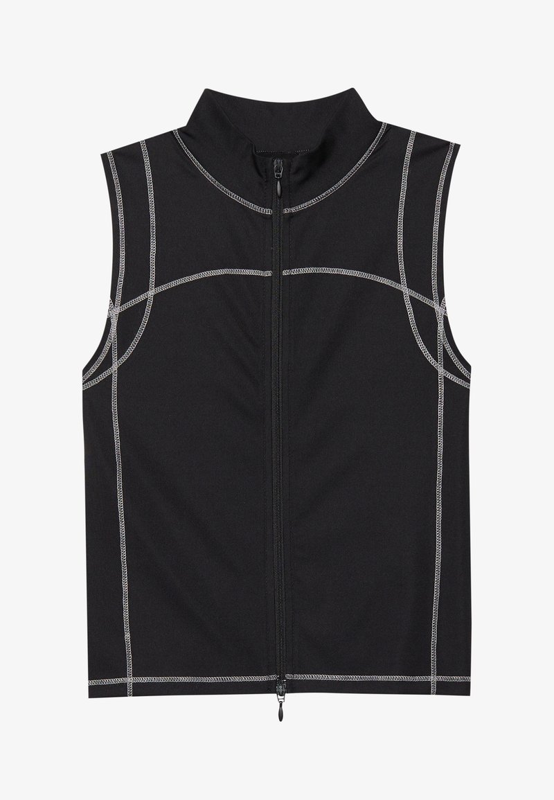 Μαύρο αμάνικο γιλέκο κατασκευασμένο από ομαλό ύφασμα, με λεπτομέρειες από ασημένια ραφή και κλείσιμο με φερμουάρ μπροστά, σχεδιασμένο με ψηλό γιακά.