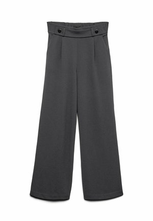 Wide-leg trousers in dark gray fabric. Features a high waistband with two decorative buttons and front pleats for added detail.