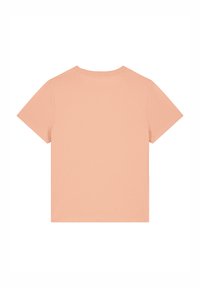 Korte mouwen T-shirt in lichtperzik kleur, gemaakt van zachte stof. Eenvoudige ronde hals, rechte snit en geen zichtbare patronen of accenten.