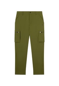 Olivgrüne Cargo-Shorts mit geradem Schnitt, aus leichtem Material; mit seitlichen Taschen mit Reißverschlüssen und schrägen Vordertaschen.
