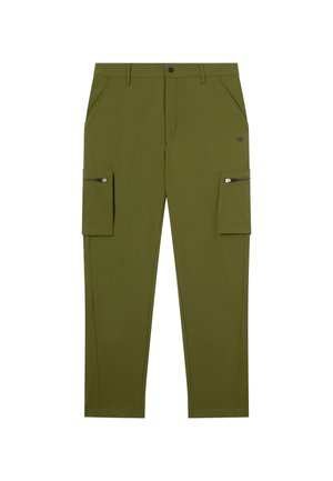 Olijf groene cargobroek met een rechte pasvorm, gemaakt van lichtgewicht stof; heeft zijzakken met ritsen en schuine voorkzakken.