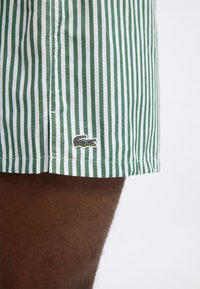 Πράσινα και λευκά ριγέ σορτς από ελαφρύ ύφασμα, με κεντητό λογότυπο στο τελείωμα. Εφαρμοστή γραμμή με ορατές ραφές.