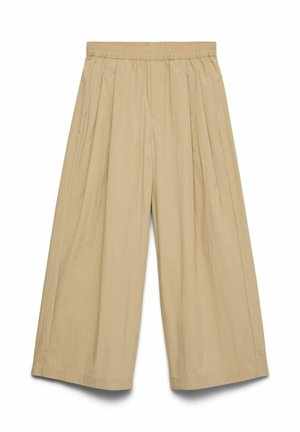 Pantalon beige à jambes larges et coupé court, avec taille élastique et poches latérales, fabriqué en tissu léger.