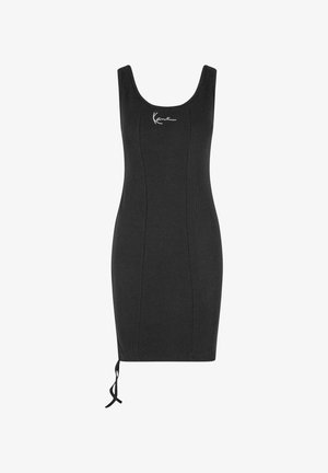 Black sleeveless dress with a fitted design, constructed from ribbed fabric, featuring a side drawstring and a white logo on the chest.