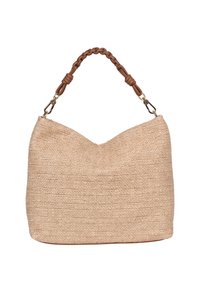 Sac tissé beige à surface texturée, avec une poignée tressée marron et des accents dorés. Forme ronde, silhouette douce, sans fermeture visible.