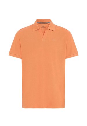 Polo à manches courtes couleur orange clair avec une coupe slim, col et un logo brodé discret sur la poitrine. Tissu en coton doux et texturé.