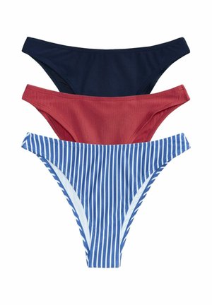 Three women's bikini bottoms stacked, navy solid, rust solid, and blue with white vertical stripes.