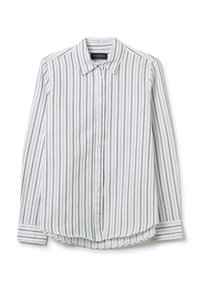 Camicia abbottonata bianca con righe verticali blu navy, maniche lunghe, colletto a punta e orlo curvo. Il materiale sembra leggero e liscio.